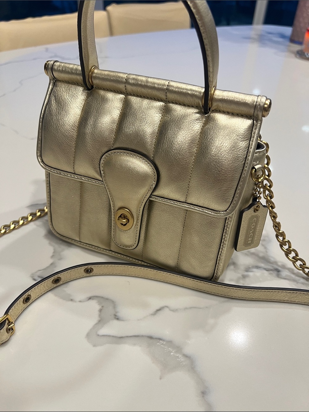 Coach Metallic Gold Quilted Leather Satchel with Chain Strap